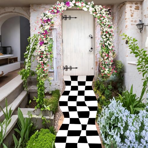 Preboun 1 Pcs Wonderland Runner Carpet Decoration 118 x 24 Inches Black and White Checkered Rug Polyester Checkerboard Aisle Runner for Wonderland Birthday Party Decorations (Classic Style)