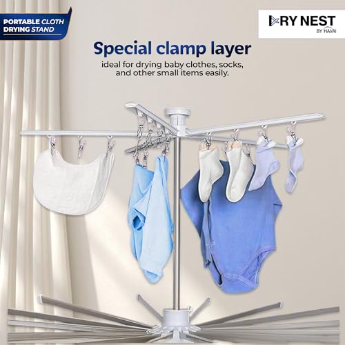 Image of HAVAI Octopus Foldable Rotating Cloth Drying Rack | 360 Multi-Layer Laundry Stand with Lockable Wheels & Strong Load Capacity | Space-Saving Indoor /Outdoor Clothes Hanger for Home Balcony (White)