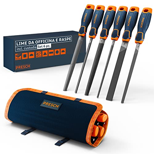 Presch Set di lime per legno e metallo 6 pezzi incl. borsa - Set di lime incl. raspa semitonda, lima piatta per ceppi, lima semitonda, lima rotonda, lima triangolare e lima quadrata