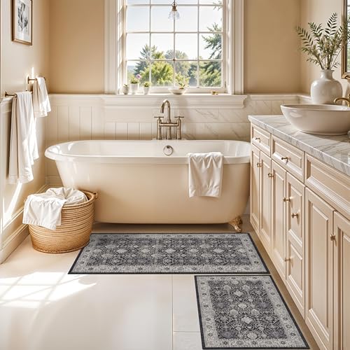 Kitchen Sink Rugs Set 0f 2: Washable Non-Slip Hardwood Floor Mat for Stove Dishwasher Fronts Soft Stain Resistant Carpet for Cooking Area & Fridge Boho Home Decor for High Traffic Area(2x3+2x4,Black)