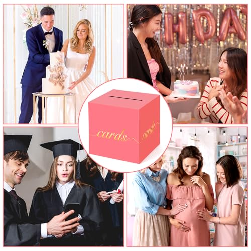 Image of Light Red Card Box Gold Foil Wedding Favors Gift Card Boxes Post Box Receiving Money Box Holder for Wedding Reception, Baby Showers, Anniversary, Birthday Party, Retirement, Graduation Envelope Holder