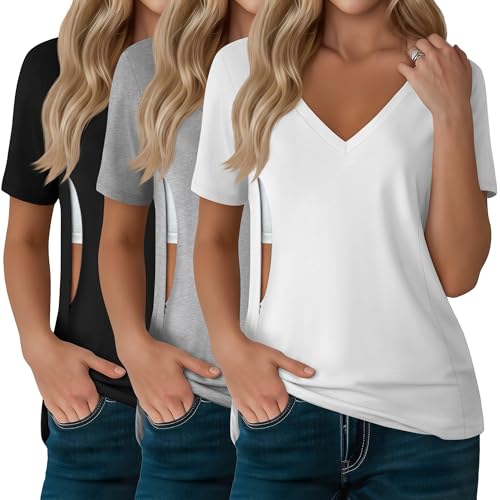 Sweetyweee 3 Pack Women's Nursing Tops, Hidden Zipper Nursing Shirts for Breastfeeding & Pumping V...