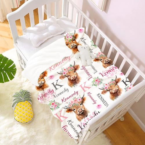 Image of Personalized Highland Cow Blankets, Custom Highland Cow Gifts for Boys Girls,Soft Flannel Animal Throw Blanket with Name,60 inchx80 inch for Adults