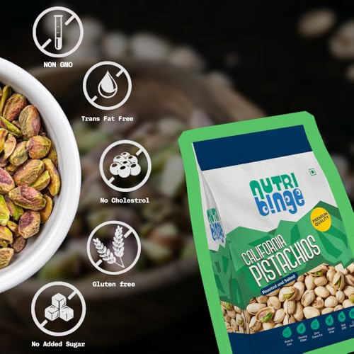 Image of NUTRI BINGE Pistachios (Pista 500 Grams) - Pack of 3, Premium California Roasted and Salted Pista Dry Fruits, Fresh Nutrient Rich Vegan Healthy Snacks