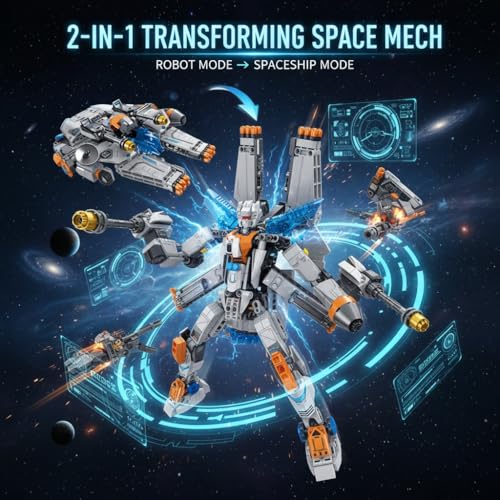 Image of SKY LINE OCEAN 2-in-1 Robot Spaceship Building Block Set, 673+ PCS Transforming Robot to Spacecraft Model Kit, STEM Sci-Fi Construction Toy Gift for Kids & Teens | 5 Year Structural Warranty
