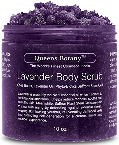 Lavender Oil Body Scrub - Moisturizing Shea Butter, Saffron & Nourishing Body Oils - Exfoliating Salt Scrub For Body & Face -Win Against Aging, Stretch Marks, Cellulite, Acne & Dead Skin Scars- 10 oz