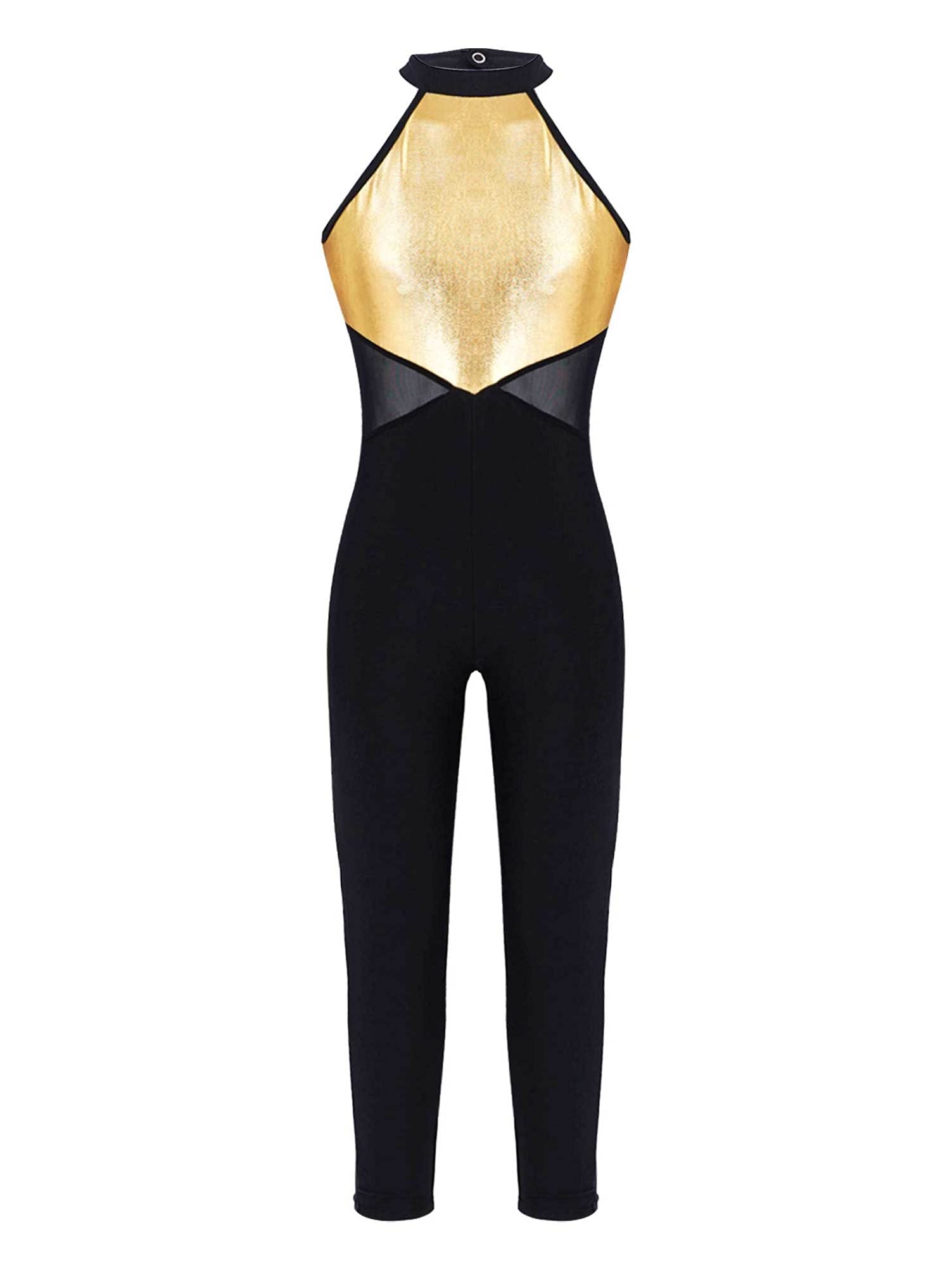 Kids Girls One Piece Metallic Halter Sleeveless Dance Bodysuit Full Length Gymnastic Dance Unitard Bodysuit Costume