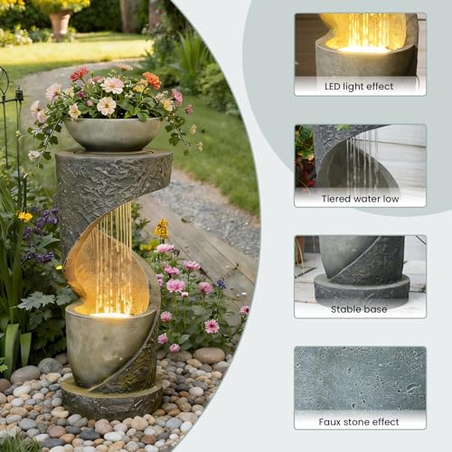 Image of Tiered Outdoor Water Fountain, Modern Spiral Cascading Waterfall Fountain with Planter, Freestanding Resin Indoor Water Feature for Room, Garden, Patio, Deck, 31.5 inchH with Light Stone-Texture