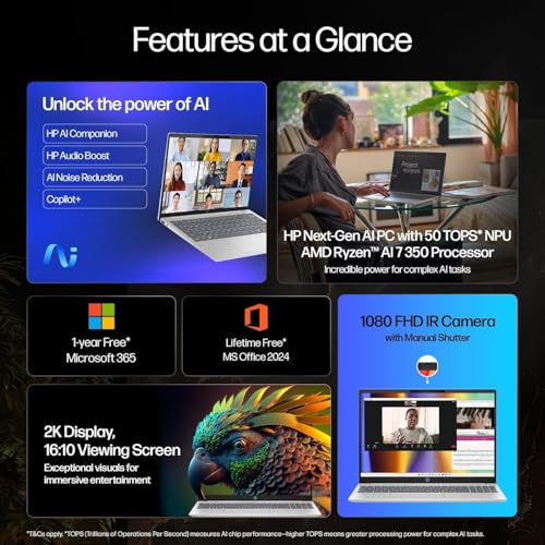 Image of HP Smartchoice OmniBook 5 (Previously Pavilion) 50 TOPS, AMD Ryzen AI 7 350 (16GB LPDDR5X, 512GB SSD) WUXGA 2K, Touch, 16'' /40.6cm, Win11,Office24, Silver, 1.8kg, ag1048au, Next-Gen AI Copilot+ Laptop