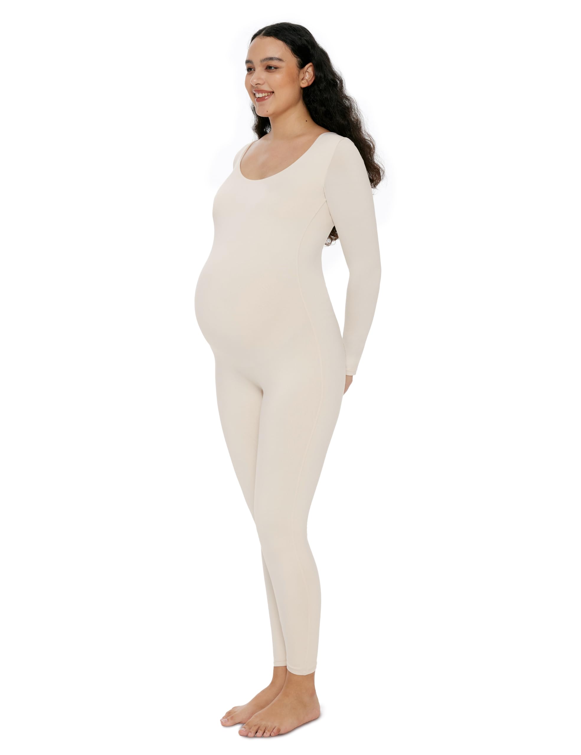 Photo 1 of POSHDIVAH Women's Maternity Bodysuit Scoop Neck Long Sleeve T Shirt Stretchy Jumpsuit Pregnancy Shapewear Romper Beige Medium