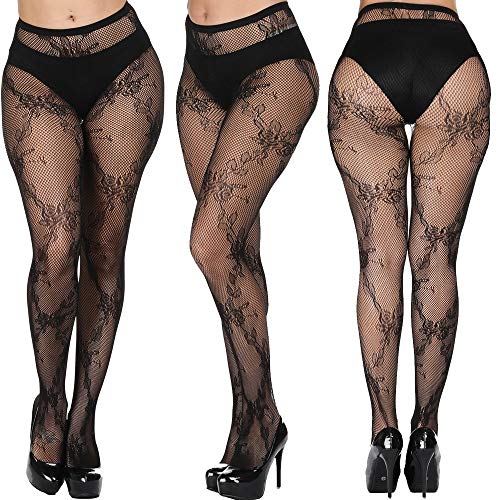 Plus Size Womens Sexy Lace Patterned Tights Fishnet Floral Stockings High Waist Pantyhose for Girls Ladies 4 Pairs3