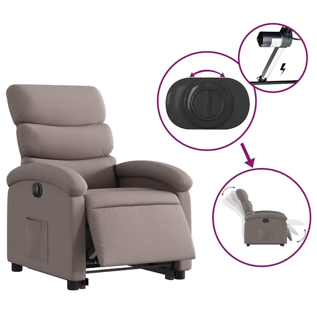 Sillón elevador eléctrico reclinable de tela color pardo con motor para elevación e inclinación automática a 135 grados, estructura estable y bolsillo lateral, asiento