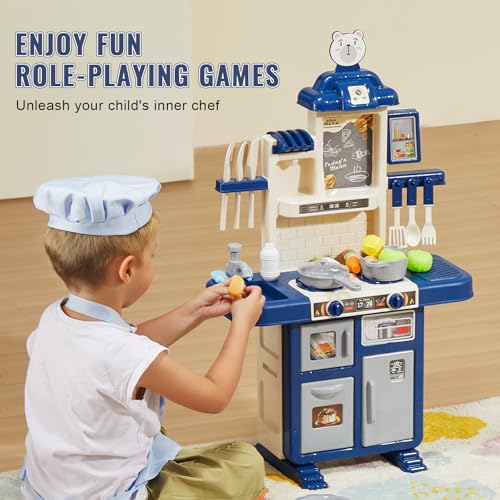 Image of VEVOR Kids Kitchen Playset 48PCS, Pretend Play Kitchen with Cooking Stove with Steam, Sounds and Lights, Play Sink and Play Food, Toy Kitchen Set for Toddlers (Blue) Size 18.5 inch x 9.4 inch x 30.7 inch