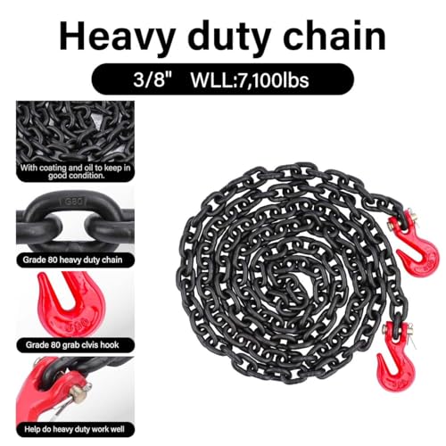 Image of Chain and Binders Kit 3 /8''-1 /2 inch, G80 Ratchet Load Binder 3 /8 inch to 1 /2 inch, Transport Chain 3 /8 inch x 20 Feet with G80 Hook, 9,200lbs Working Strength Safety Chain and Ratchet Binder for Towing