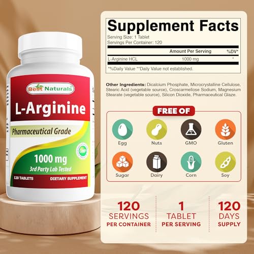 Best Naturals 817716016139 New Improved Formula) Best Naturals L-Arginine 1000 Mg 120 Tablets - Pharmaceutical Grade L Arginine Supplement Promotes Nitric Oxide Synthesis thumb #1