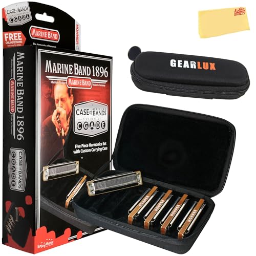 Hohner MBC Marine Band 1896 Harmonica - 5 Pack Bundle with Case, Zip Pouch, and Austin Bazaar Polishing Cloth