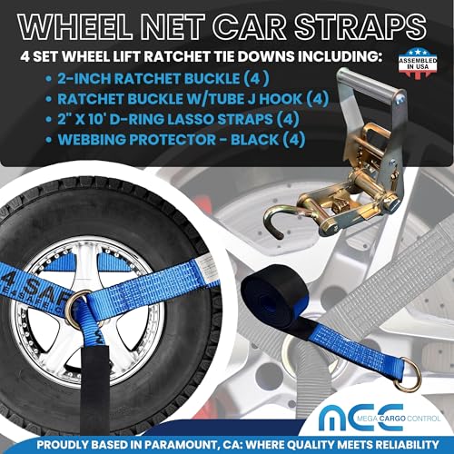 Image of Mega Cargo Control 4 Set 2 inch x 10' Wheel Lift D Ring Lasso Strap w / (4) 2 inch Ratchet, (4) Tube J Hook , (4) Lasso Winch Sleeve Protector - (Gift) | Ratcheting Tow Truck & Hauling (Blue)
