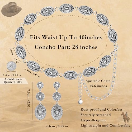 Cowgirl Belt for Women Western Jewelry Set with Western Earrings, Concho Belt Matching Country Concert Outfit, Vintage Cowboy Earrings as Halloween Gifts Cowgirl Jewelry Boho Outfit3