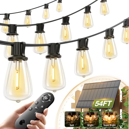 Image of addlon 54(48+6) FT Solar String Lights Waterproof,Patio Lights Solar Powered with Remote& USB Port 24+2 LED Shatterproof Bulbs 3 Lighting Modes Outdoor Lights for Camping Backyard Garden