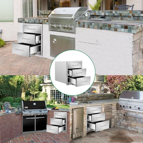 Image of Outdoor Kitchen Drawers 18 inch W x 21 inch H x 21 inch D Stainless Steel Triple Drawers with Ergonomic Handle for BBQ Island, Patio Grill Station & Outdoor Kitchen Cabinets