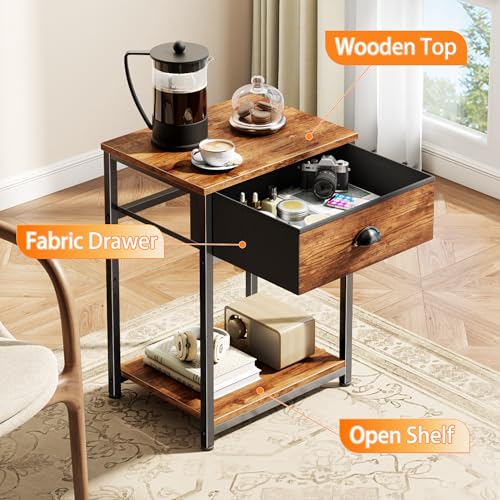 Image of Furologee Nightstands Set of 2, Night Stand with Fabric Drawer and Storage Shelf, Retro Bedside Sofa Tables for Small Place, End Side Tables Living Room Bedroom, Rustic Brown