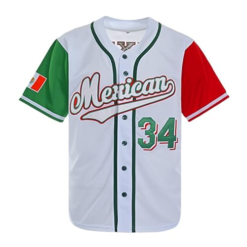 Men's Mexico 34 Button Down Jersey Short Sleeve Hipster 80S 90S Hip Hop Baseball Jersey (As1, Alpha, L, Regular, Regular, White) #TOP1