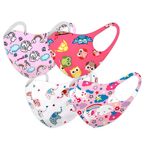 Kid's Face Washable and Reusable Protective Gear Bandanas Unicorn Kitty Animal Themed (Girl-4set)
