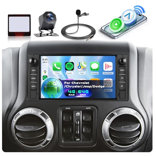 Android Car Stereo for Jeep Wrangler JK 2007-2015 Dodge Ram 1500 2009-2011 with Wireless CarPlay Android Auto, Orderich 4G+64G 7 Inch Car Radio GPS Navigation WiFi SWC Bluetooth FM with Backup Camera