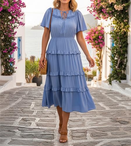 Image of Women's Short Sleeve Summer Boho Pleated Rayon Mid Dresses with Pockets for Wedding Guest