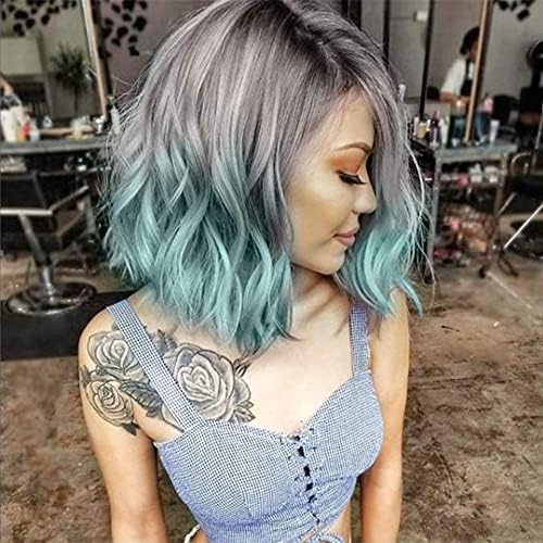 Ombre Blue Wigs for Women Short Bob Curly Wigs for White Women Blue Wavy Bob Wigs Heat Resistant Synthetic Blue Wigs for Daily Party Cosplay Costume Wigs