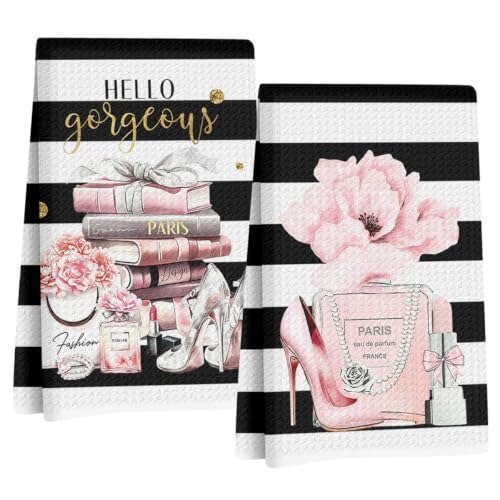 Image of 2 Pcs Black White Hand Towels, Perfume Flower Decor Reusable Dish Towels | Fashion Gifts for Women Girls Mom Friend, Waffle Weave Microfiber Towels for Bathroom Home Decor 24x14 Inch