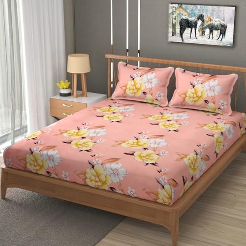 Image of Premium Heavy Cotton Flat Bedsheets with 2 King Size Pillow Covers | Double Bed 350 TC | 90 x 100 Inch King Size Flat | - Baby Pink Flower