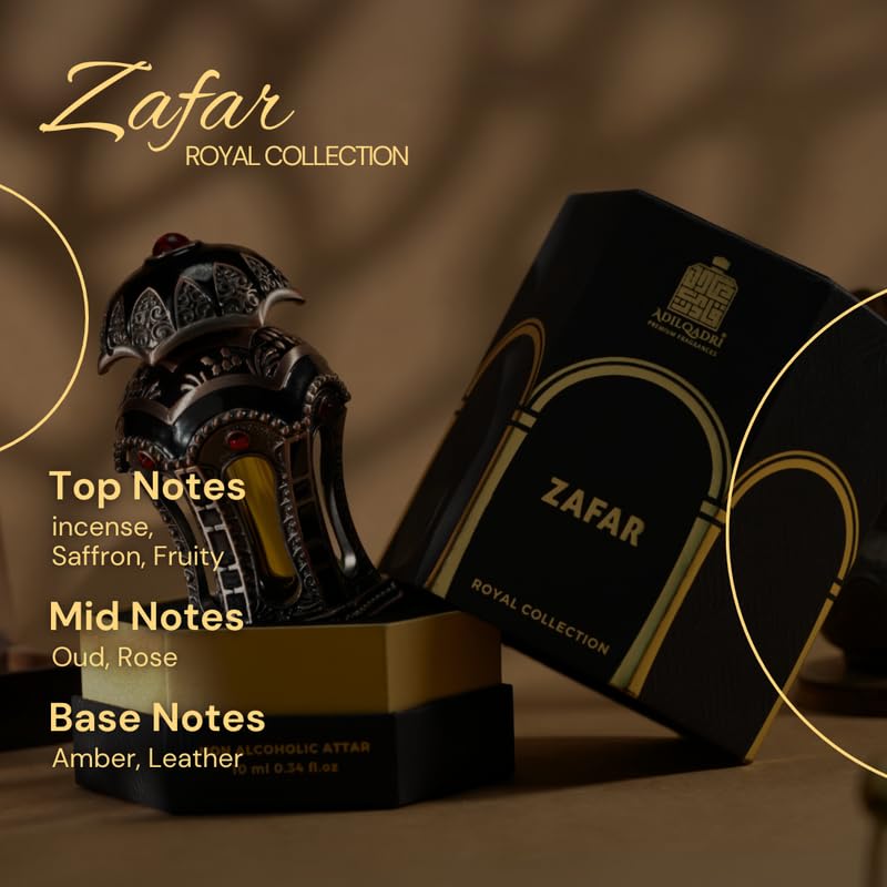 Image of Adilqadri Zafar Royal Attar for Men & Women - Non-Alcoholic attar | Saffron, Fruity, Oud, Rose & Leather Blend | Long-Lasting Amber & Musk Fragrance | 10ml