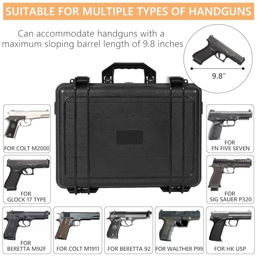 Image of TSA Approved Gun Pistol Case Waterproof Handgun Case with Pre-Cut EVA Foam Shockproof Travel Carrying Hard Shell Case Included Silica Gel Canister, Black