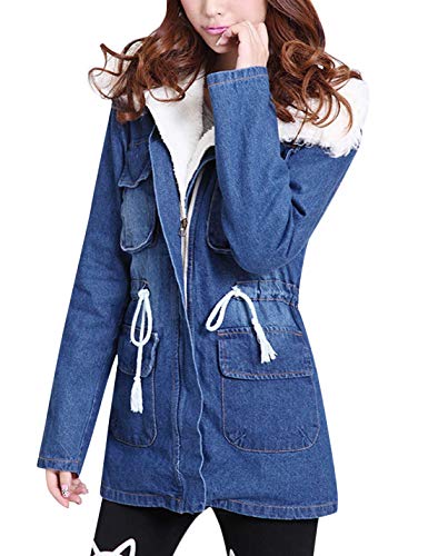 Tanming Women's Mid Long Sherpa Lined Lapel Collar Drawstring Denim Jacket Coat?DarkBlue-XS?