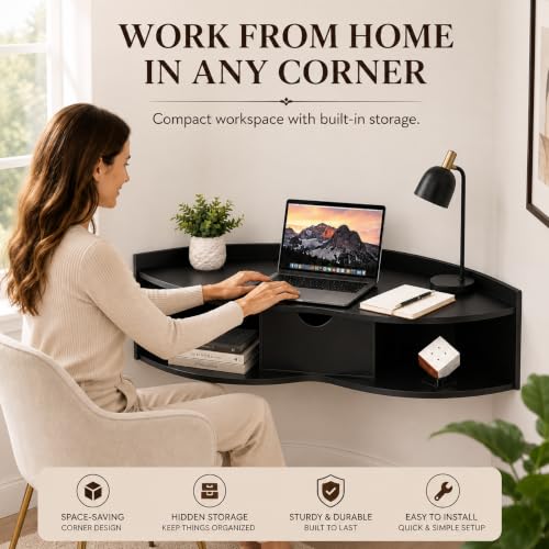 Image of Basicwise Wall Mounted Folding Desk with Drawer & Shelves - Fold Down Table