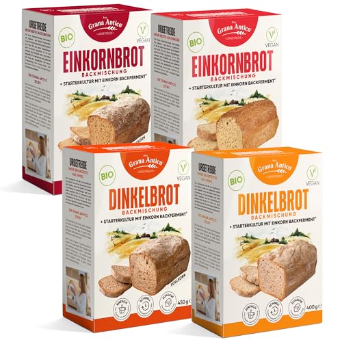 Grana Antico BIO-Dinkel- und -Einkorn Brotbackmischungen Probier-Set 4 Sorten Vegan, laktosefrei, ohne Zusatzstoffe für Brot, Brötchen, Pizza (2x 400g 2x 450g)