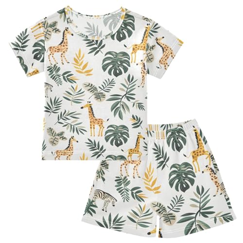 ALAZA Giraffe Leaf Palm Tree Pajamas Short Sleeve 2 Piece Sleepwear Top and Bottom Pajama Set Unisex