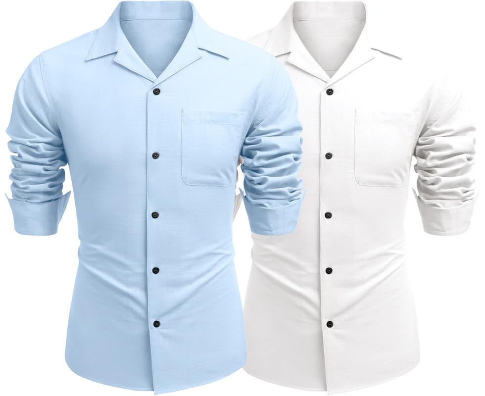 Image of Combo of Men's Casual Cotton Blend Shirt || Long Sleeve Button Down with Spread Collar | Lightweight Breathable Fabric | Stylish Solid Shirt for Beach, Office & Everyday Wear Pack of 2