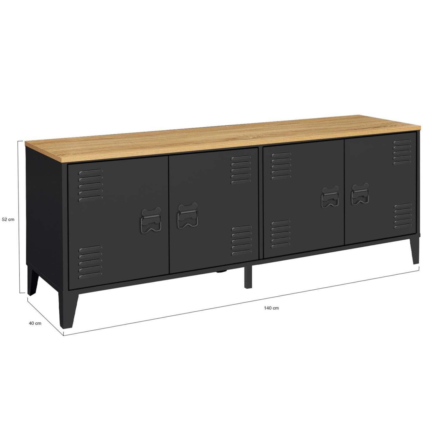 IDMarket - Aparador bajo ESTER 140 cm con 4 puertas de metal negro y tablero de madera de diseño industrial