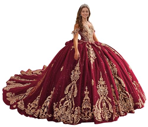 XYAYE Burgundy Quinceanera Dresses with Long Train Puffy Glitter Tulle 15 Dress for Quinceaera Petite Off Shoulder Long Ball Gown Size 0