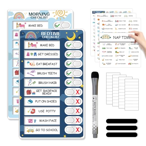 Image of 2 in 1 Bedtime /Morning Routine Chart for Kids Toddlers, Magnetic Chore Chart for Kids, Cute Visual Schedule for Kids Schedule Board for Home, Kids Checklist to Do List ADHD Tools for Kids