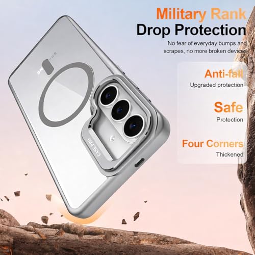 Image of VONZEE Compatible for Samsung S26 5G Case, Compatible with MagSafe, Military-Grade Protective Case, Built-in Stash Stand Phone Case, Scratch-Resistant Back Cover, Classic Series|Clear Grey