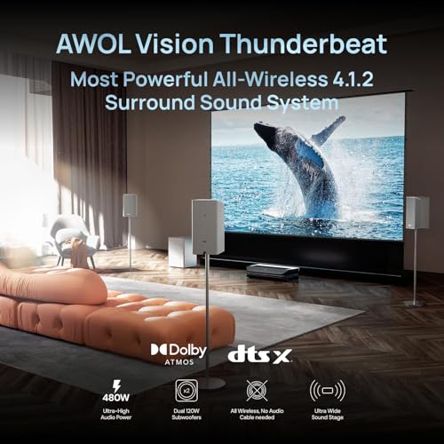 Image of AWOL Vision LTV-3000 Pro Home theater Bundle, 4K UHD Dolby Vision & 3D, C132 Mounting System, 4.1.2 Dolby Atmos Soundbar, Thin Bezel Frame System, DG004 Floor Stand