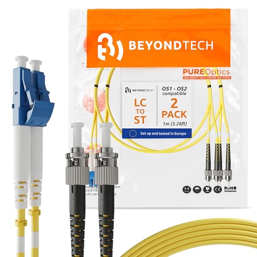 Image of BEYONDTECH LC to ST Fiber Patch Cable Single Mode Duplex-1m (3.28ft)-9 /125um OS1 LSZH (2 Pack) PureOptics Cable Series,Yellow
