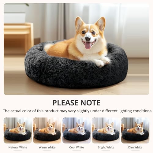 Image of JOLLYVOGUE Calming Small Dog & Cat Bed for Indoor Cats - 20 inches Washable Donut Bed for Kittens & Puppies, Anti-Anxiety Round Fluffy Plush Pet Beds (Fits up to 15 lbs, Smoke Black)