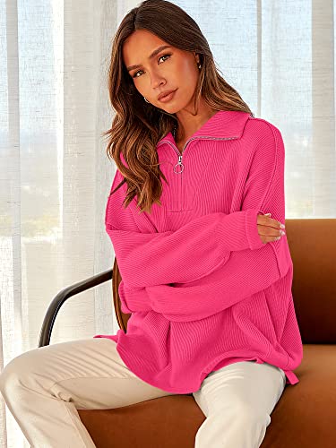 Image of ANRABESS Womens Oversized Quarter Zip Pullover Sweaters | Fall Fashion Outfits, Long Sleeve Slit Side, Baggy Loose Fit, 1 /4 Zip Lapel Collared, Ribbed Knit Soft Warm Winter Clothing
