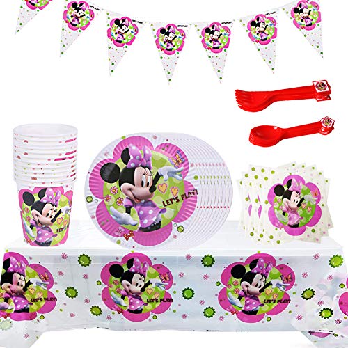 SUNSK Vajilla para Fiestas Minnie cumpleaños vajilla desechable Plato Papel Servilleta Tenedor Taza Mantel Minnie decoración de Fiestas 62 piezas