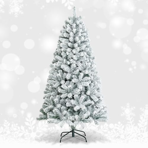 GiantexUK 6FT/7.5FT Snow Flocked Christmas Tree Artificial Hinged Xmas Tree with Branch Tips PVC Needles & Foldable Metal Stand 3-section Festival Party Home Decoration (180 cm)