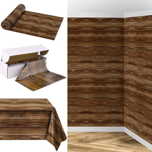 Image of Kochorie 200 Ft x 54 Inch Wood Grain Tablecloth Roll in Slide Cutter Box Disposable Rustic Backdrop Vintage Table Cover Western Themed Bulletin Board Plastic Roll for Barn Birthday Classroom Decor